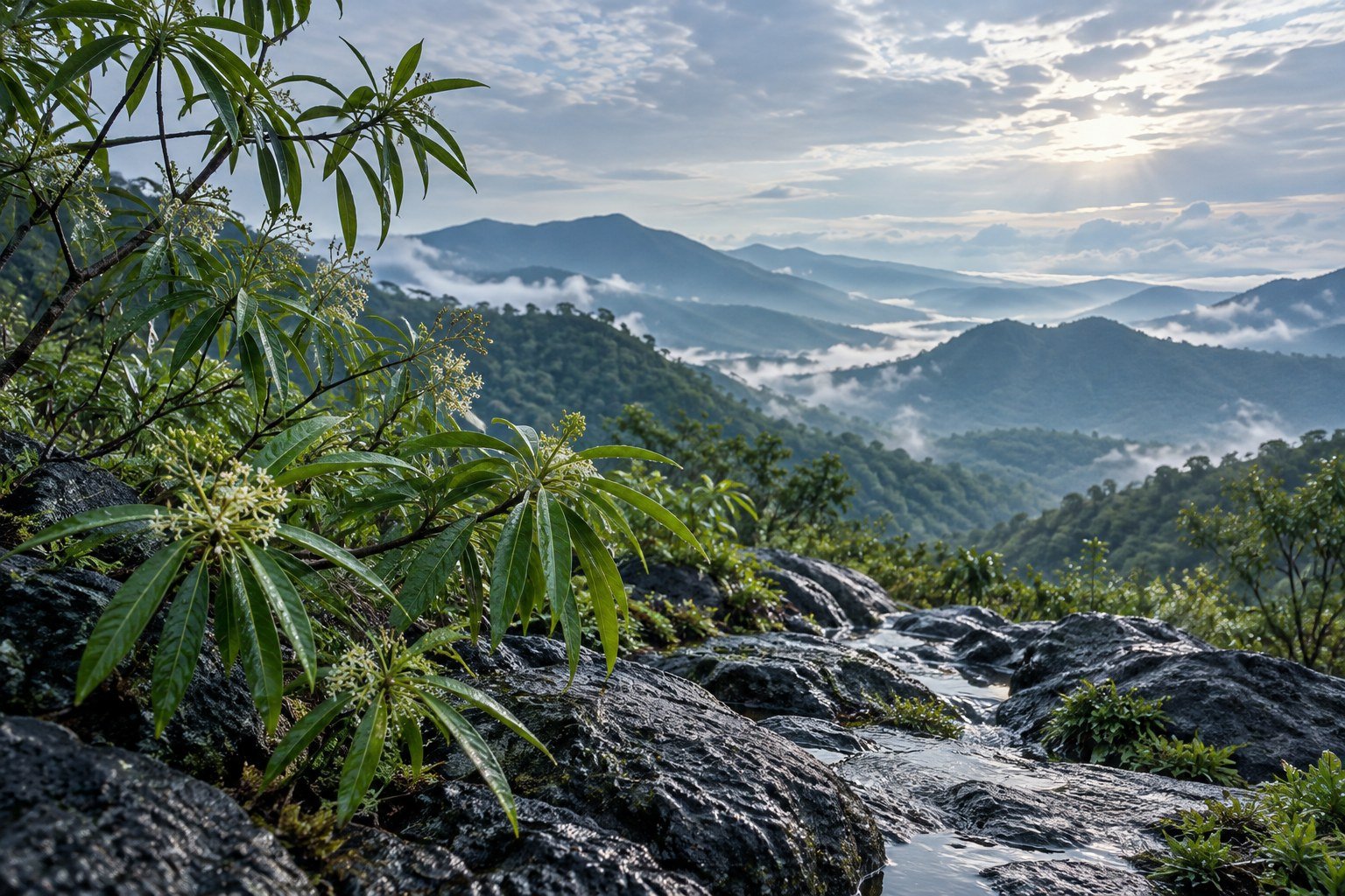 Cacahuananche foliage overlooking the cool misted mountains of Guerrero