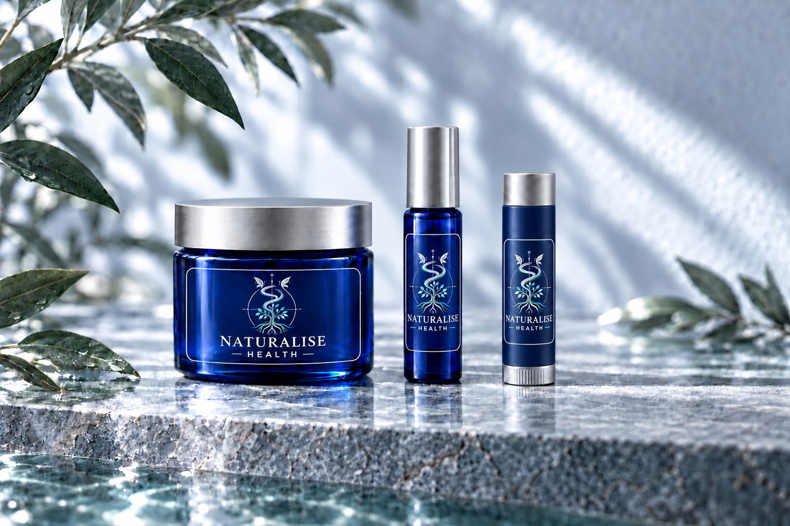 Concept Naturalise body balm, roll-on perfume and lip balm in cool blue-green packaging
